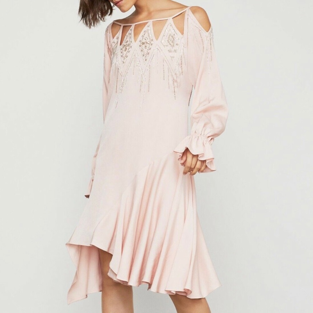 BCBGMAXAZRIA ROSE SMOKE EMBROIDERED CUTOUT DRESS